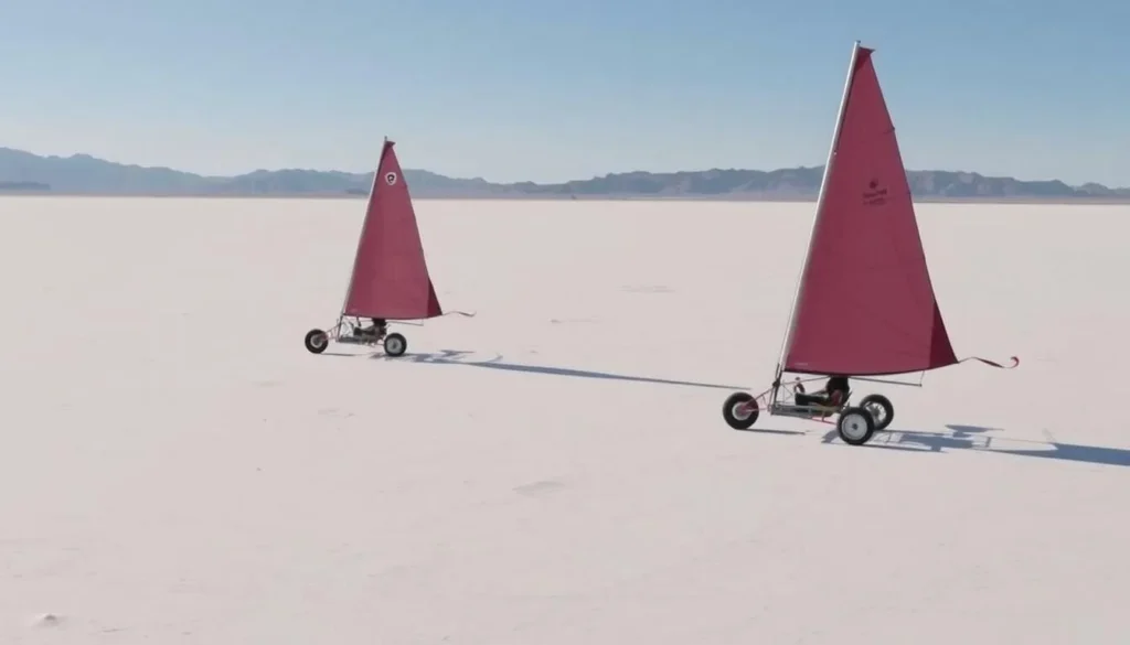 Land sailing on the Black Rock Desert Playa with wind-powered vehicles speeding across the flat surface