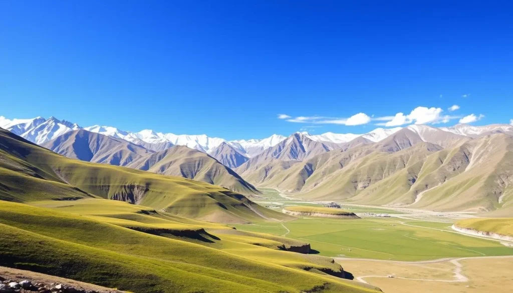 Leh Ladakh landscape in summer showing vibrant green valleys contrasted with snow-capped mountains and clear blue skies Leh Ladakh landscape in summer showing vibrant green valleys contrasted with snow-capped mountains and clear blue skies