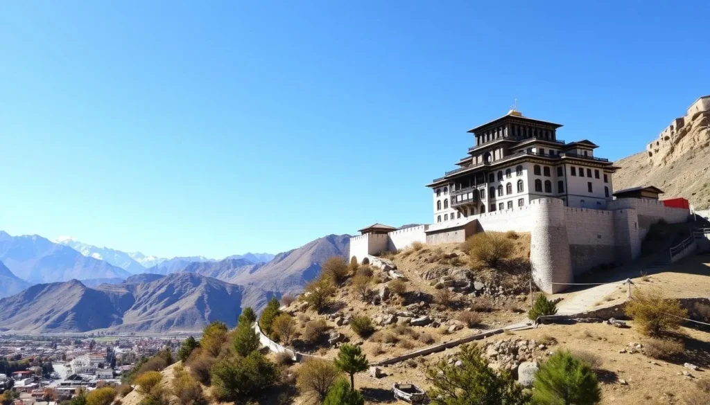 Leh Palace perched on a hillside overlooking Leh town with mountains in the background on a clear day Leh Palace perched on a hillside overlooking Leh town with mountains in the background on a clear day