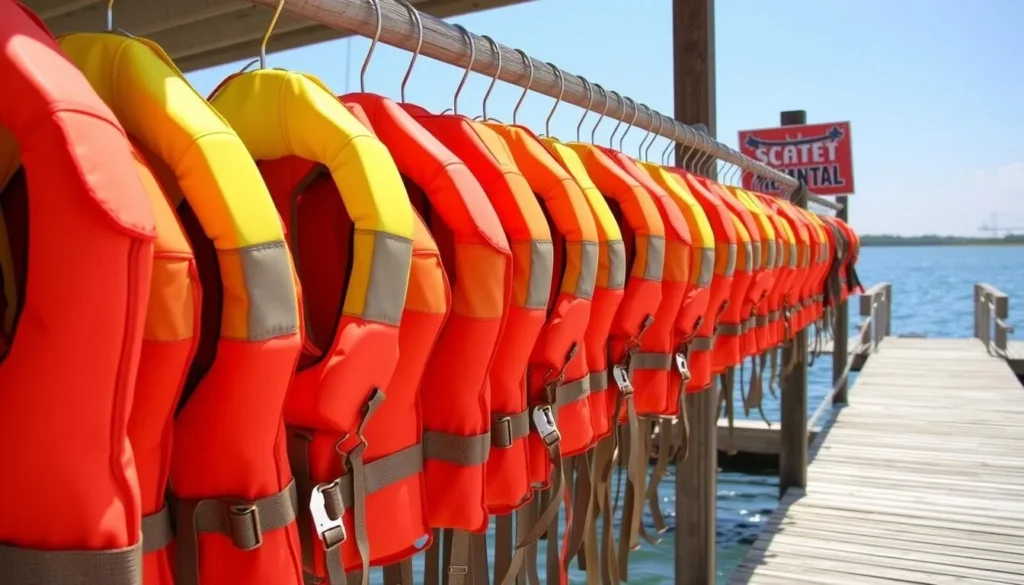 Life jackets hanging at a boat rental facility on Toledo Bend Lake in Sabine Uplift, Louisiana