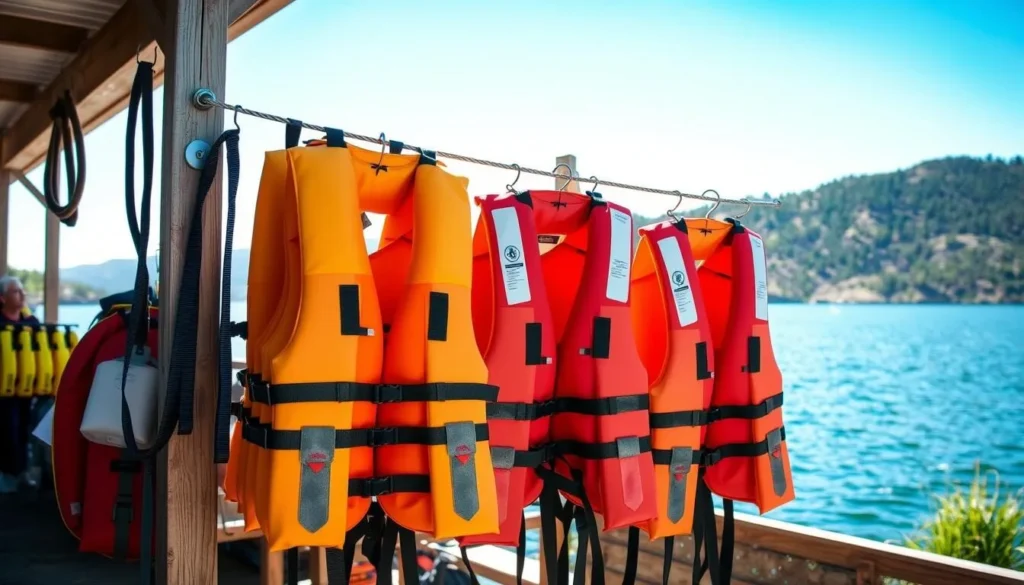 Life jackets hanging at a boat rental station at Green Mountain Reservoir Life jackets hanging at a boat rental station at Green Mountain Reservoir