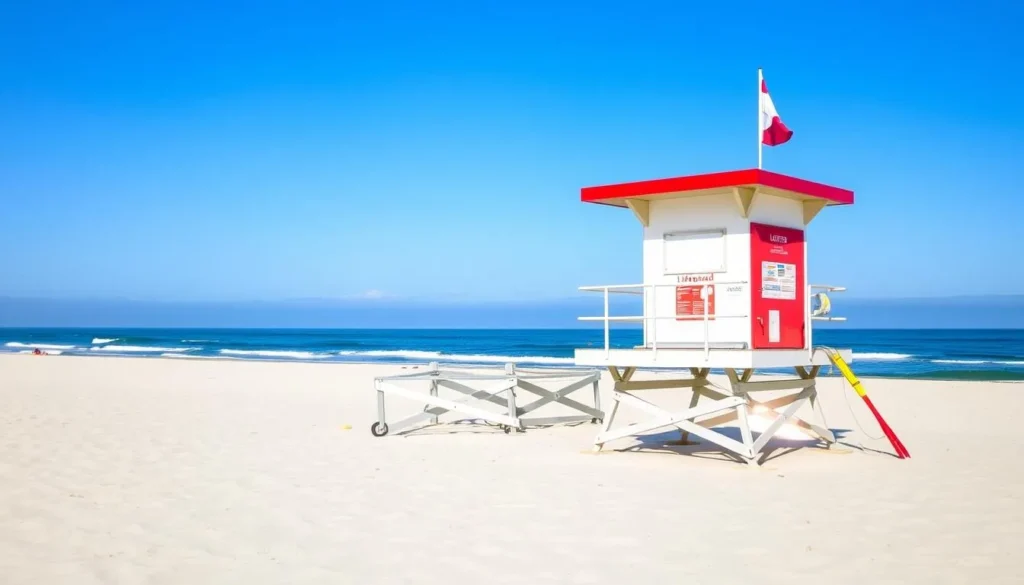 Lifeguard tower at Stinson Beach with safety flags