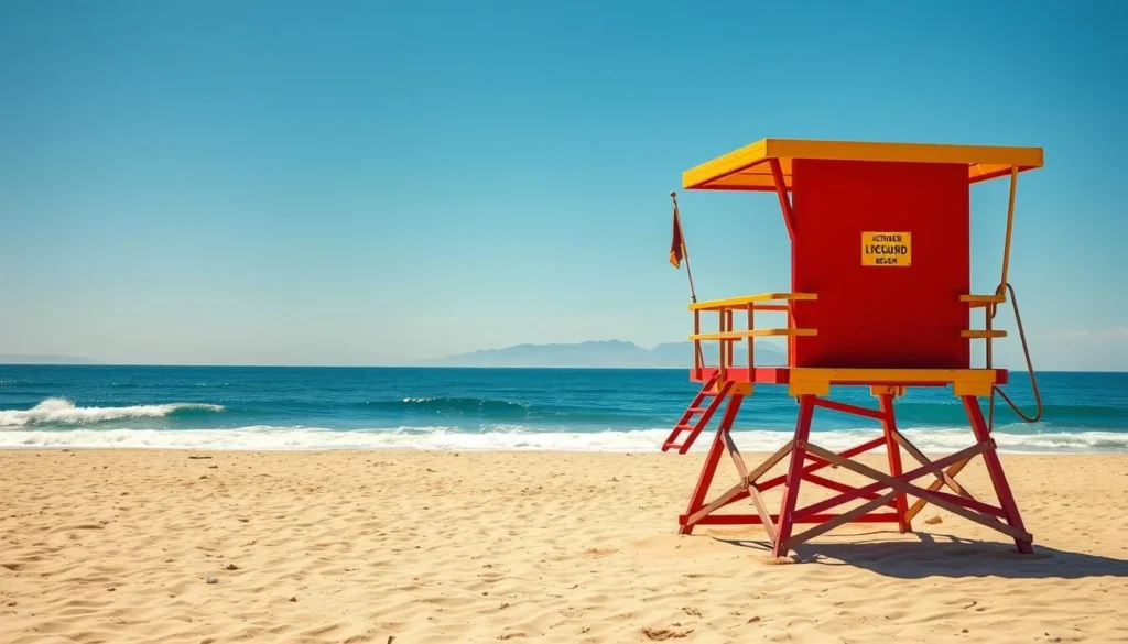 Lifeguard tower at Zuma Beach Malibu California with safety flags