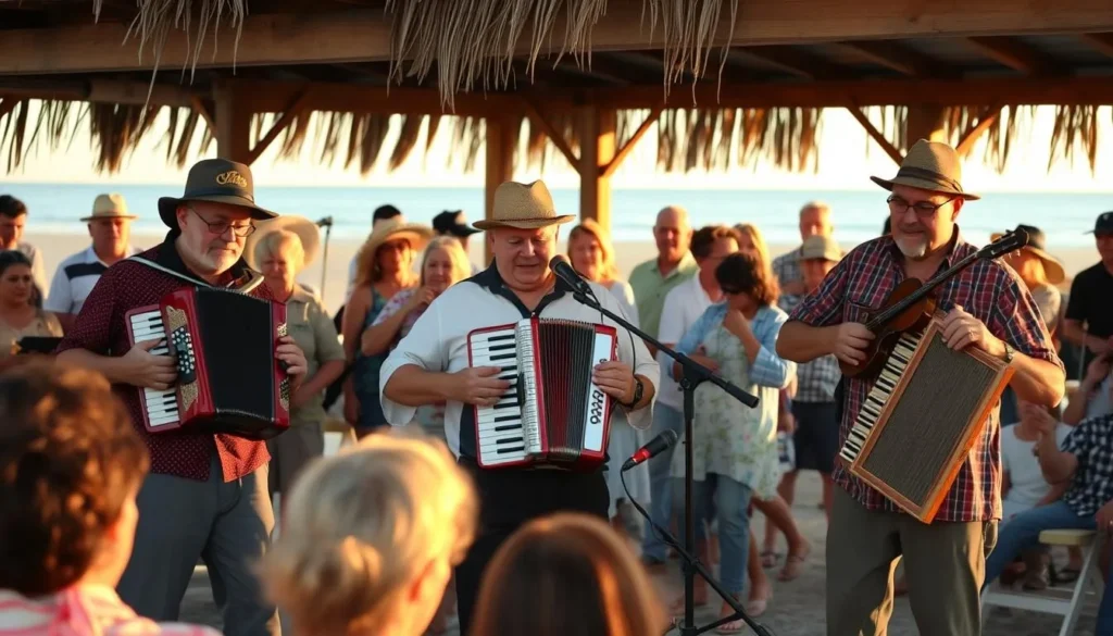 Local Cajun band performing traditional music at a Holly Beach community gathering Local Cajun band performing traditional music at a Holly Beach community gathering