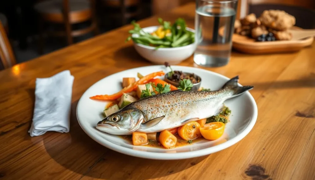 Local Colorado cuisine featuring trout and seasonal vegetables at a restaurant near Gunnison Gorge Local Colorado cuisine featuring trout and seasonal vegetables at a restaurant near Gunnison Gorge