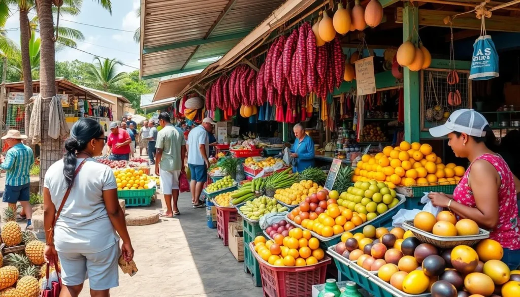 Local Dominican market with colorful fruits and vegetables