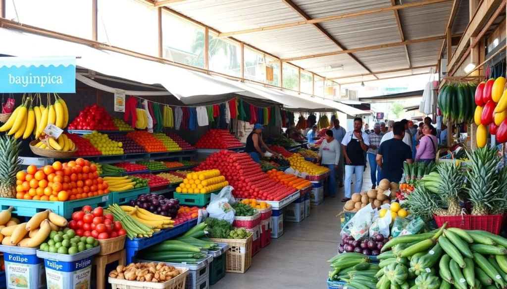Local Dominican market with colorful fruits and vegetables in Bayahibe