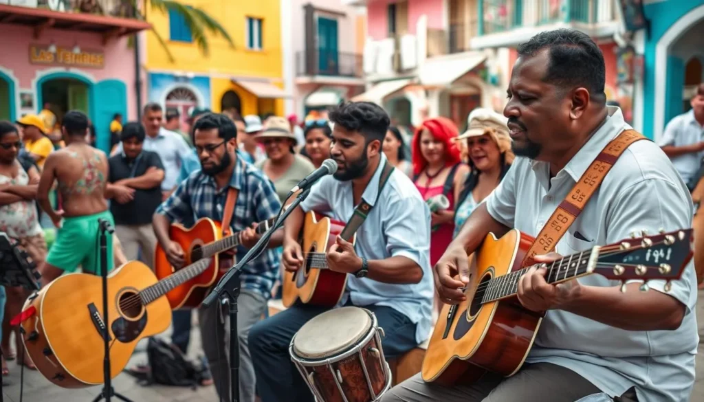 Local Dominican musicians performing traditional merengue music in Las Terrenas