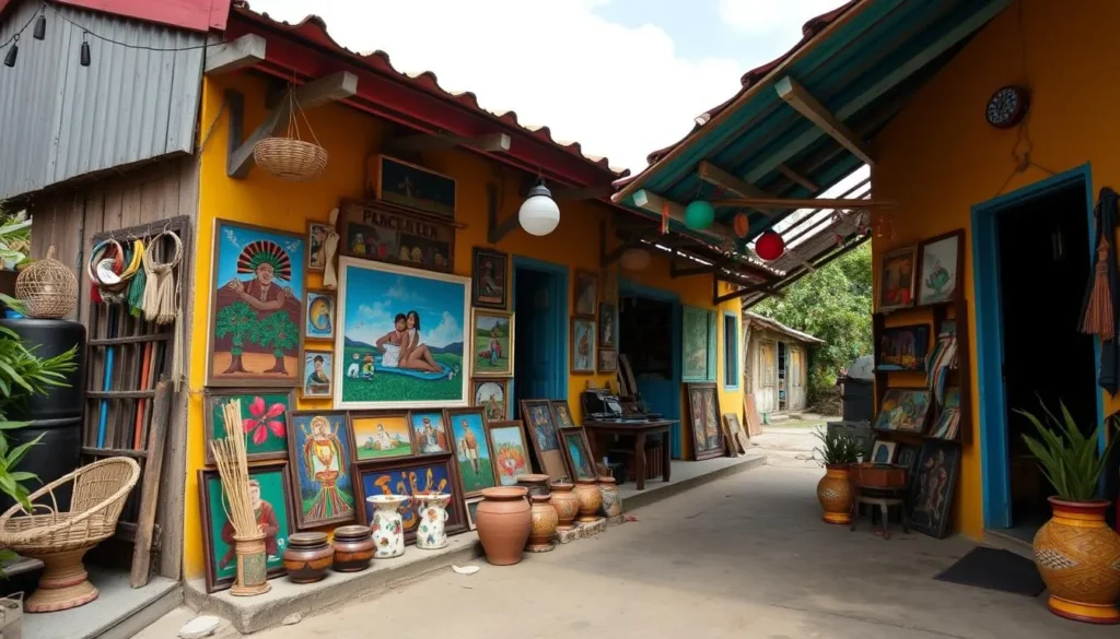 Local artisan displaying colorful Dominican crafts in Mano Juan village, Saona Island