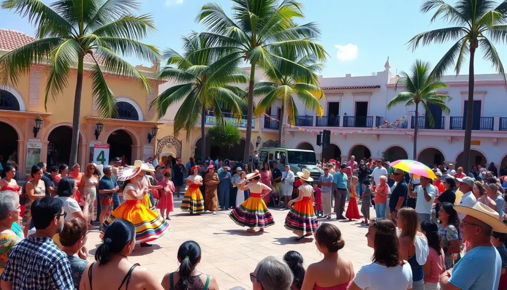 Local cultural festival in Zihuatanejo's town plaza with traditional dancers, highlighting cultural things to do in Zihuatanejo Mexico Local cultural festival in Zihuatanejo's town plaza with traditional dancers, highlighting cultural things to do in Zihuatanejo Mexico