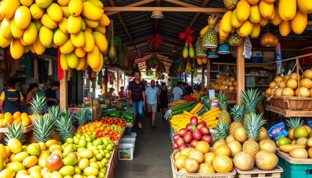 Local market in Samana town with colorful tropical fruits and vegetables