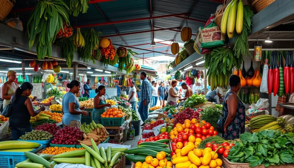 Local market scene in Dominican Republic with colorful fruits and vegetables