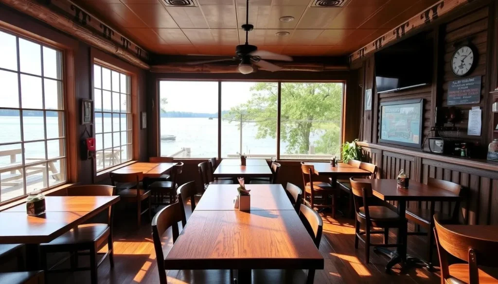 Local restaurant serving Southern Illinois barbecue with lake view