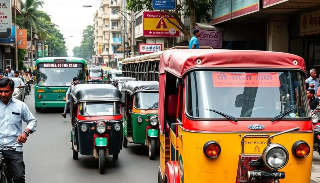 Local transportation in Gujarat showing colorful auto rickshaws and buses in a busy street of Ahmedabad