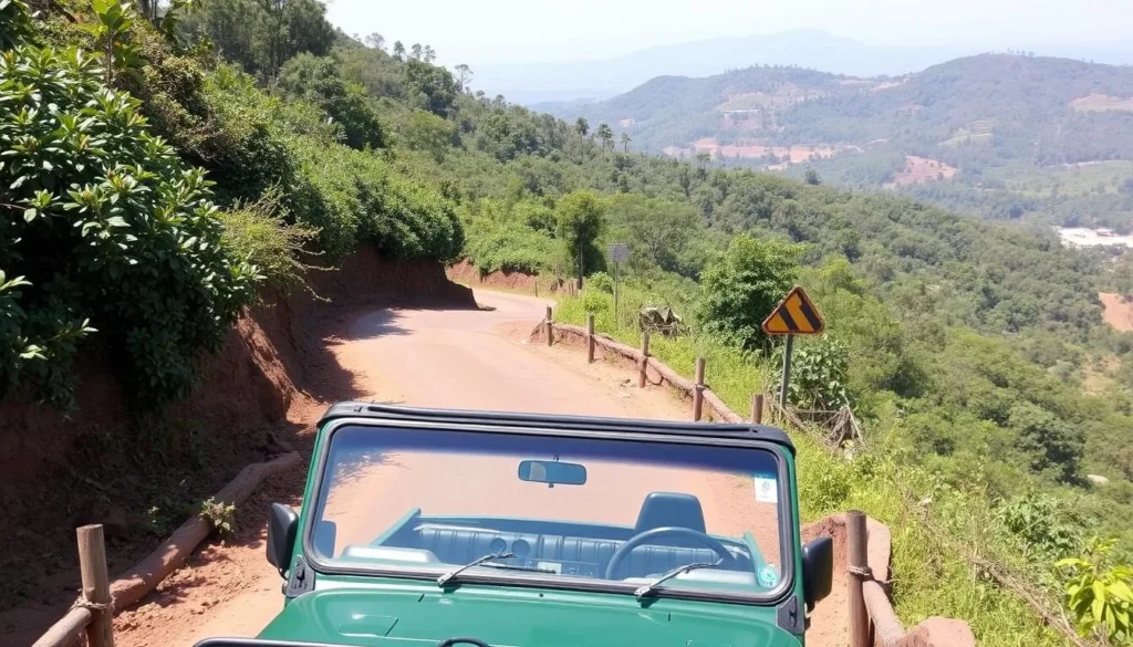 Local transportation in Madikeri showing a jeep on a hillside road