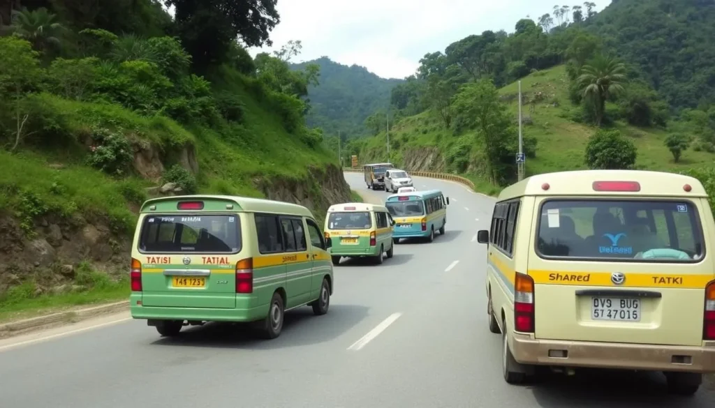 Local transportation in Mizoram showing shared taxis and buses on mountain roads