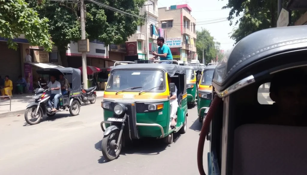 Local transportation in Odisha showing auto rickshaws and taxis in a busy street