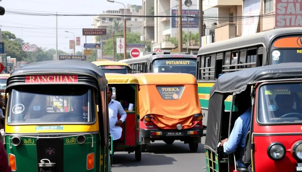 Local transportation in Ranchi with auto-rickshaws and buses on a busy street