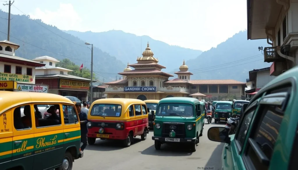Local transportation options in Dalhousie with traditional taxis waiting near Gandhi Chowk