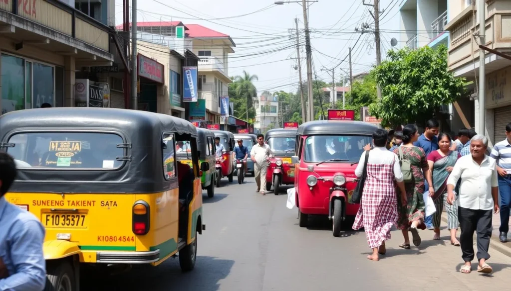 Local transportation options in Kohima with shared taxis and pedestrians