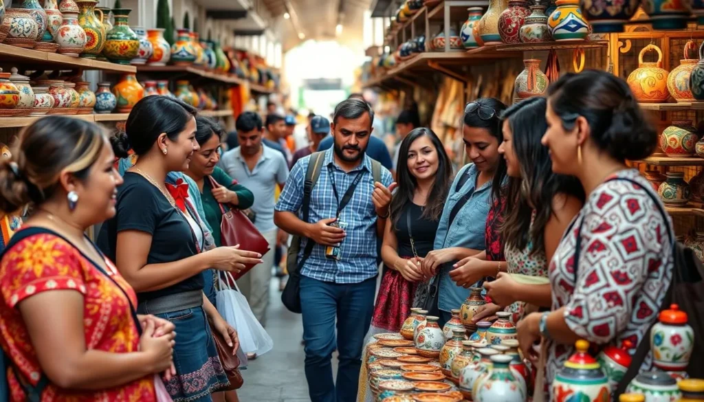 Locals and tourists interacting in a Puebla market with traditional crafts and food