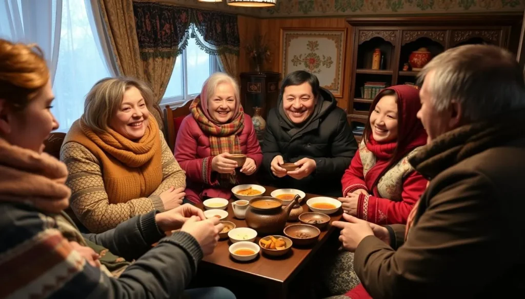 Locals and tourists interacting in a traditional Siberian setting Locals and tourists interacting in a traditional Siberian setting