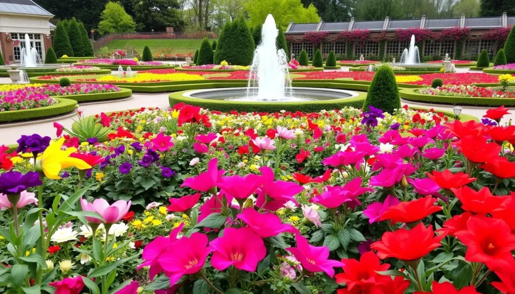 Longwood Gardens with colorful flower displays and fountains near Valley Forge