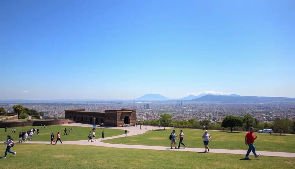 Los Fuertes Park in Puebla with people enjoying outdoor activities and views of the city