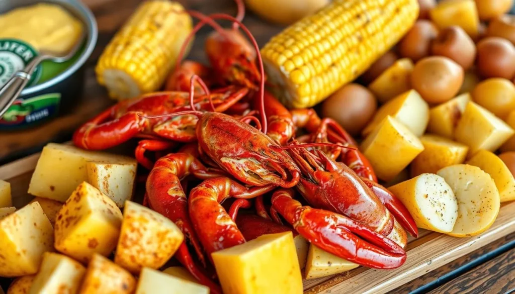 Louisiana seafood dish with crawfish, corn, and potatoes Louisiana seafood dish with crawfish, corn, and potatoes