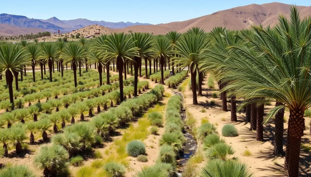 Lush date palm groves at China Ranch Date Farm contrasting with desert surroundings Lush date palm groves at China Ranch Date Farm contrasting with desert surroundings