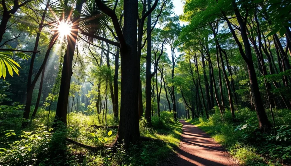 Lush forest trail in Ntangki National Park with sunlight filtering through trees