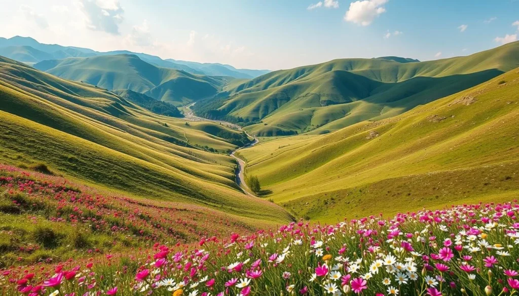 Lush green Dzukou Valley with rolling hills and flowering meadows