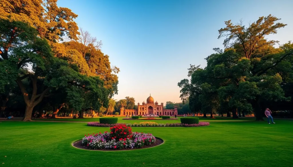 Lush green Lodhi Gardens in New Delhi during autumn with historic tombs visible among trees