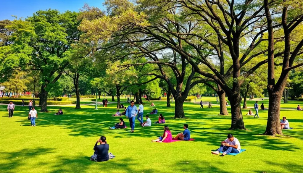 Lush green parks in Gandhinagar during the winter season with visitors enjoying the pleasant weather Lush green parks in Gandhinagar during the winter season with visitors enjoying the pleasant weather