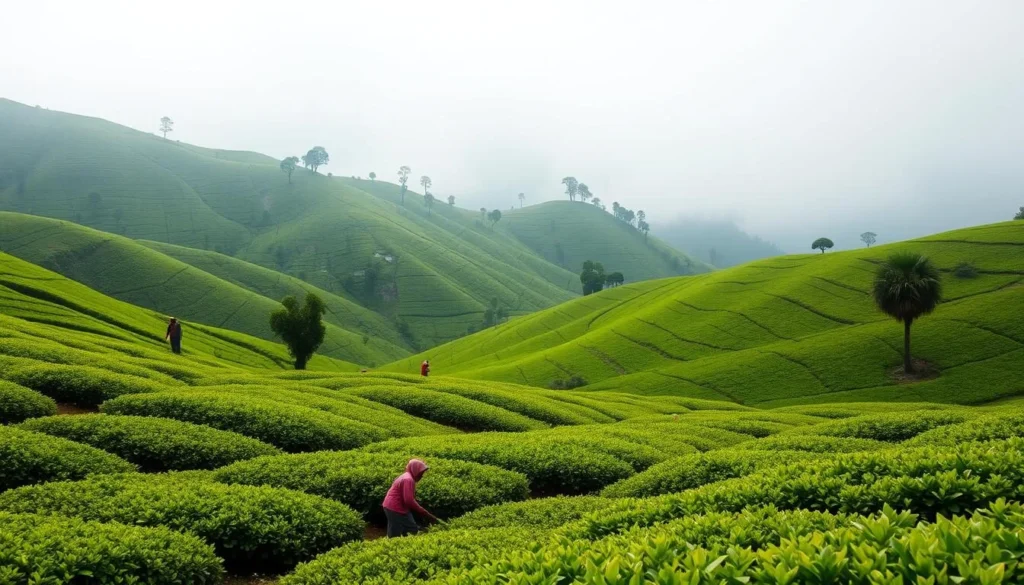 Lush green tea plantations in Munnar with workers picking tea leaves