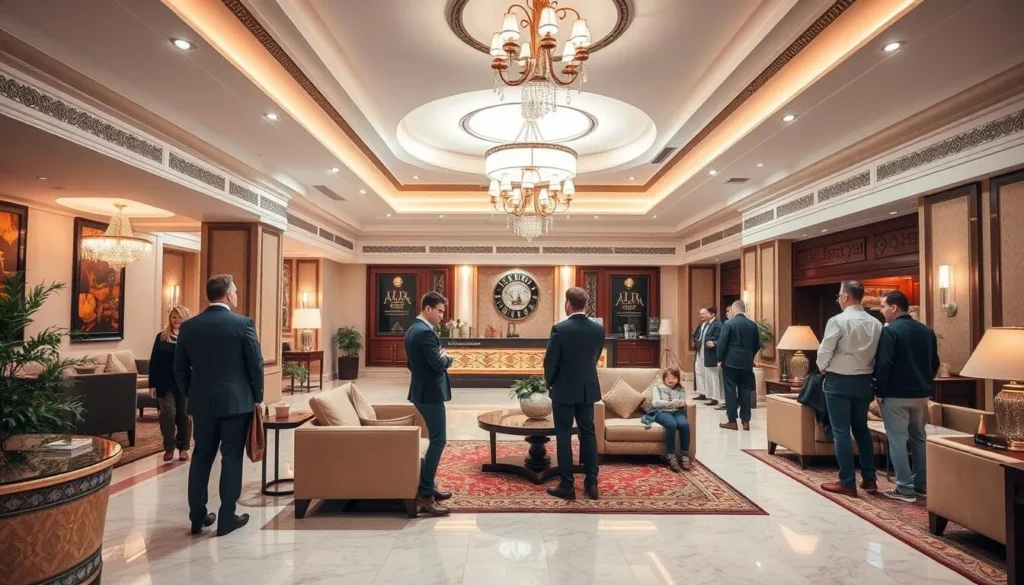 Luxurious hotel lobby in Kazan with traditional Tatar design elements and modern amenities Luxurious hotel lobby in Kazan with traditional Tatar design elements and modern amenities