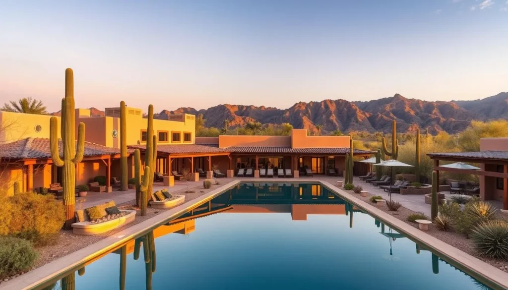 Luxury desert resort with swimming pool and mountain views in the Sonoran Desert
