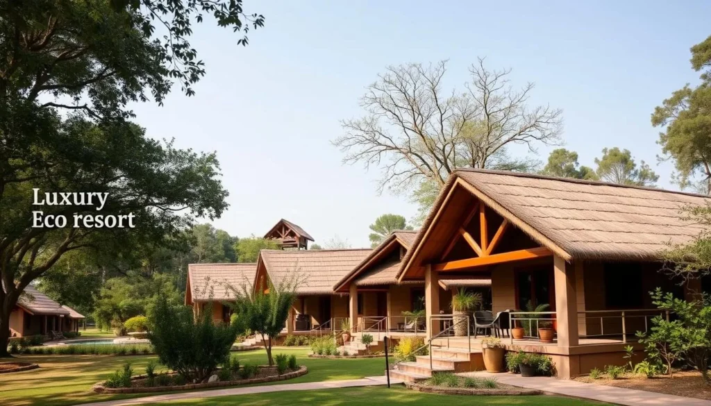 Luxury eco-resort near Bandhavgarh National Park with traditional architecture surrounded by nature