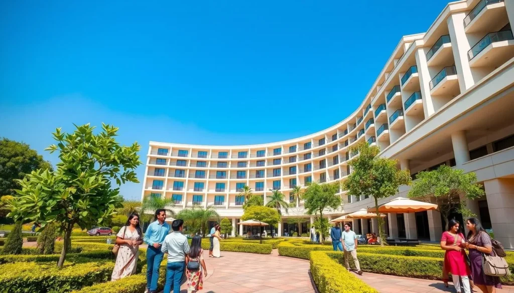 Luxury hotel in Chandigarh with modern architecture and landscaped gardens Luxury hotel in Chandigarh with modern architecture and landscaped gardens