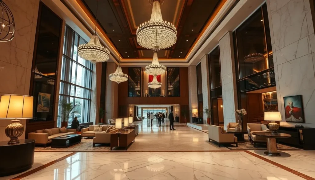 Luxury hotel lobby in New Delhi with elegant decor and traditional Indian design elements