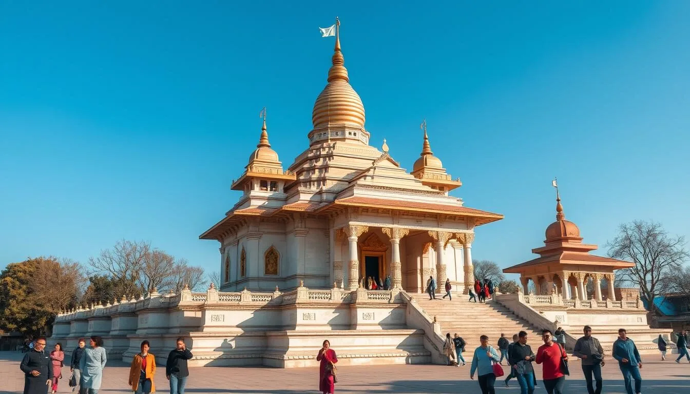 Mahabodhi Temple during winter with clear blue skies and comfortable weather