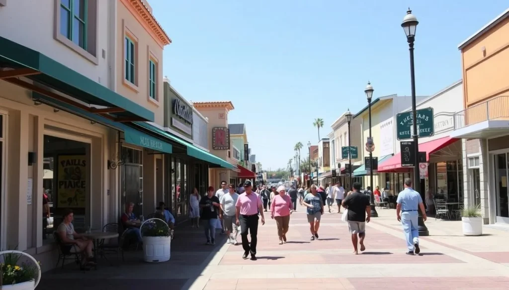 Main Street in Old Town Seal Beach with colorful shops and pedestrians