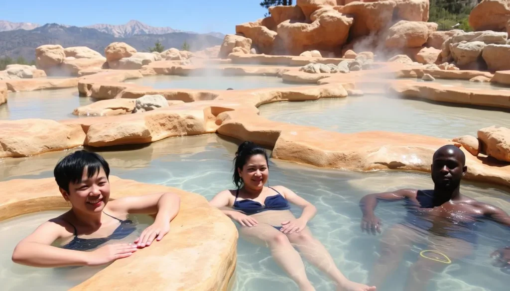 Main pools at Travertine Hot Springs with people enjoying a soak Main pools at Travertine Hot Springs with people enjoying a soak