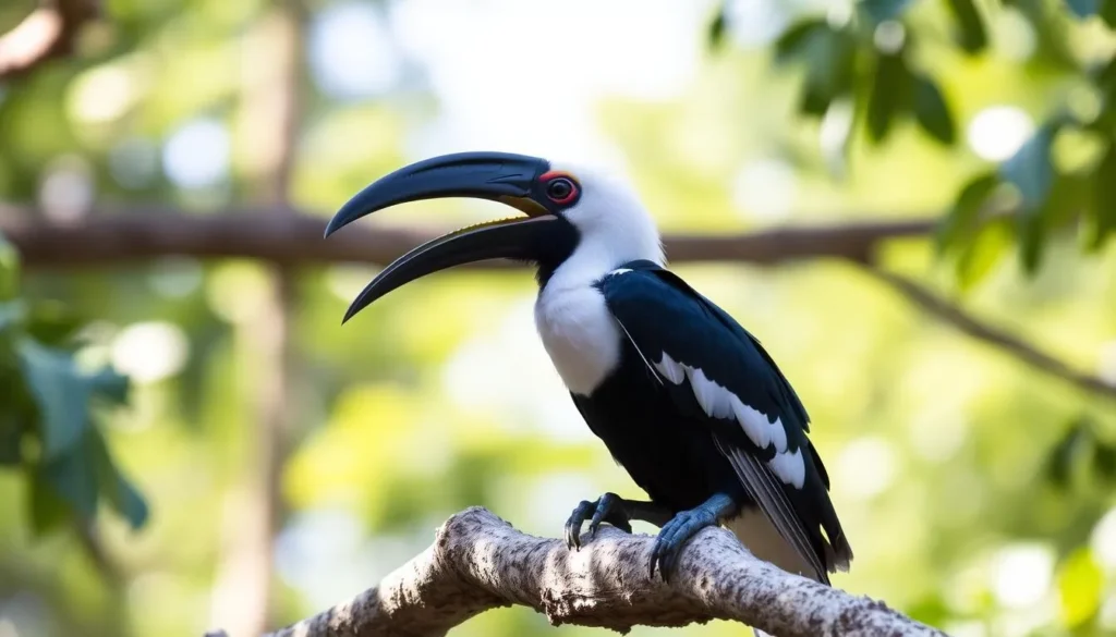 Malabar Pied Hornbill perched on a tree branch in Bandipur National Park