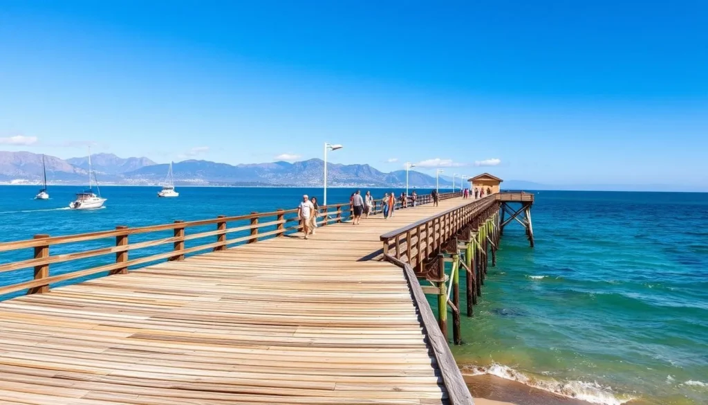 Malibu Pier near Zuma Beach with mountains and ocean view