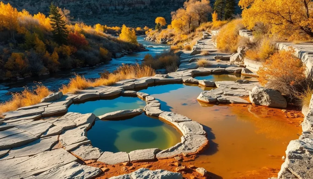 Manby Hot Springs pools in autumn with colorful foliage along the Rio Grande Manby Hot Springs pools in autumn with colorful foliage along the Rio Grande