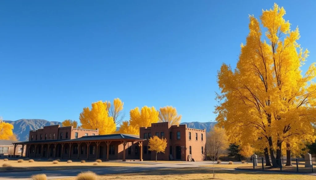 Manhattan Project National Historical Park Los Alamos in autumn with fall foliage and historic buildings