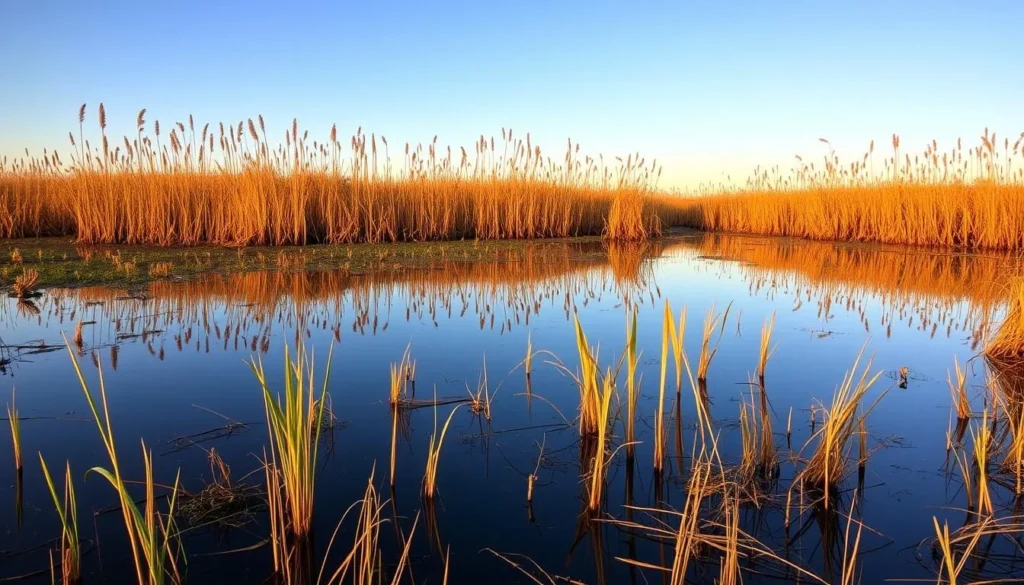Marshland area at Tolowa Dunes State Park with tall grasses and reflective water Marshland area at Tolowa Dunes State Park with tall grasses and reflective water