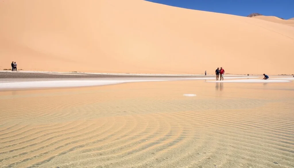 Medano Creek flowing at the base of the sand dunes with visitors enjoying the water