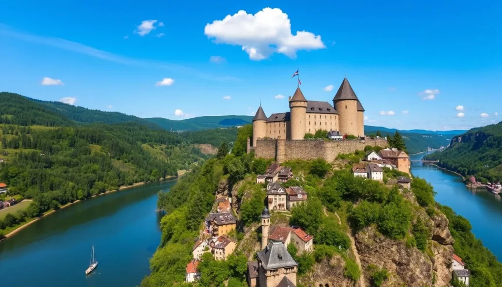 Medieval castle Burg Rheinstein overlooking the Rhine River near Rüdesheim